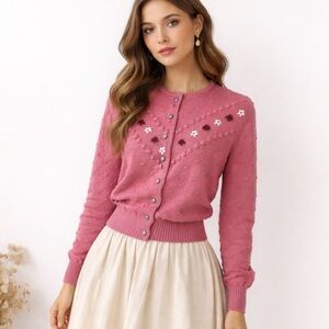 Vintage Pfister Austrian Trachten Embroidered Bobble Knit Cardigan Sz S/M 💛🍄